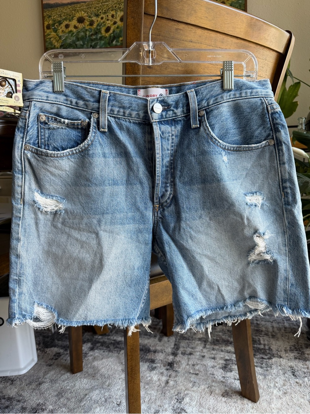Women’s Sundry Distressed Denim Shorts 29 w/ red, white blue embroidered hearts